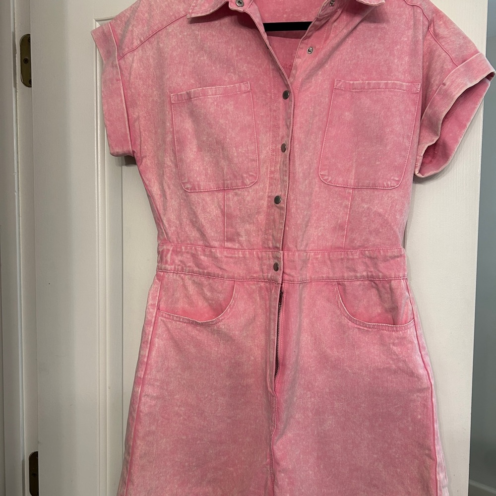 Pink Short Sleeve Denim Romper